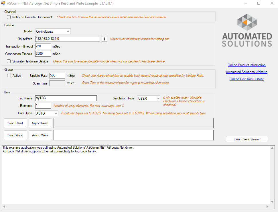 Allen Bradley plc Software Driver Example Application